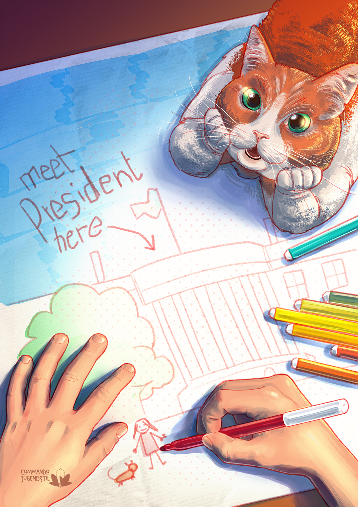 Illustration of a child drawing a picture of the White House, while a cat watches
